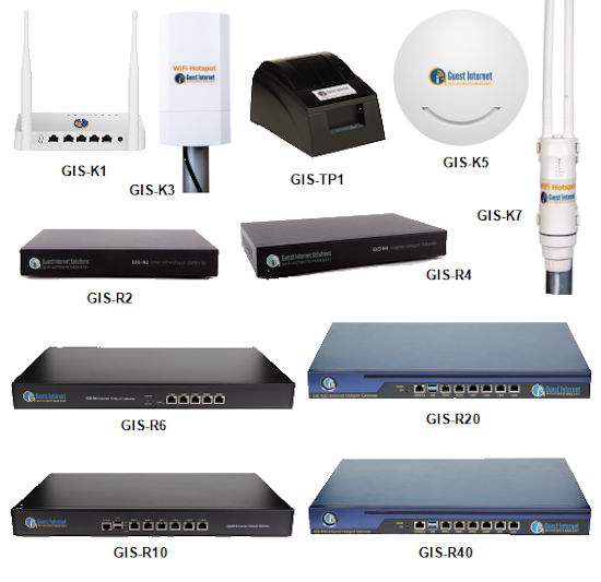 Photo of all Guest Internet Managed WiFi wireless and internet hotspot gateways products: GISK1 GISK3 GISK5 GISK7 GISR2 GISR4 GISR6 GISR10 GISR20 GISR40
