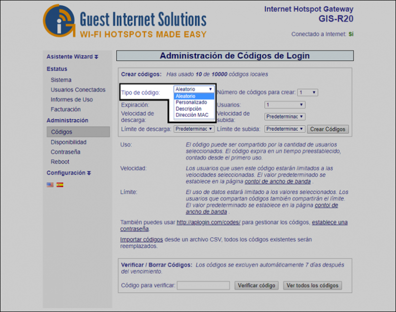 Tipo de Código de Login