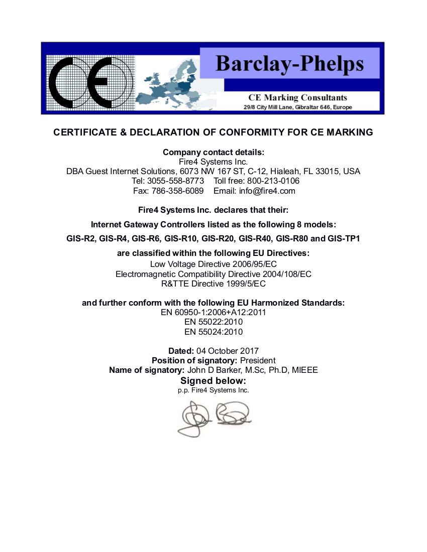 EU declaration of conformity (CE mark) Fire4 Systems Inc