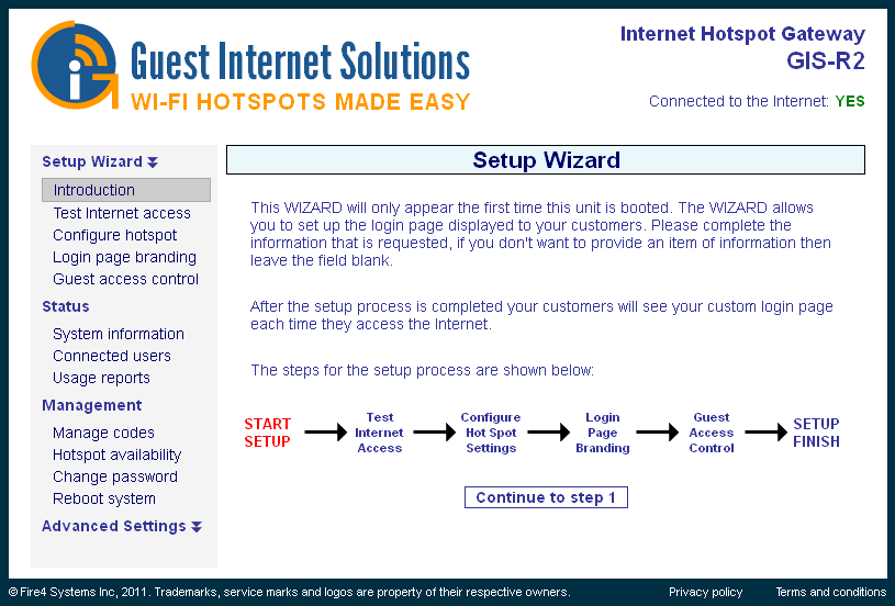 Assistente wizard para configuração do Hotspot Wi-Fi